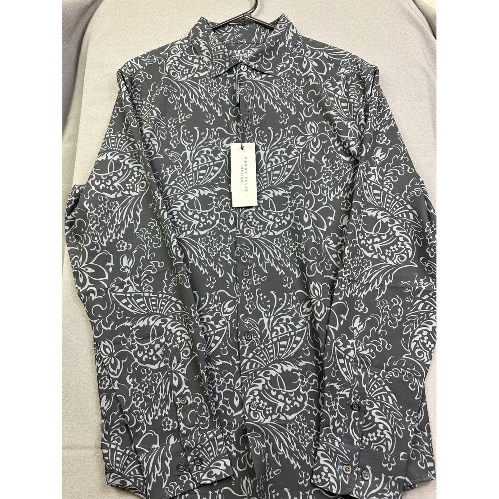 Perry Ellis Motion Men Slim Fit Shirt Grey Black Floral Paisley Expandable Colla
